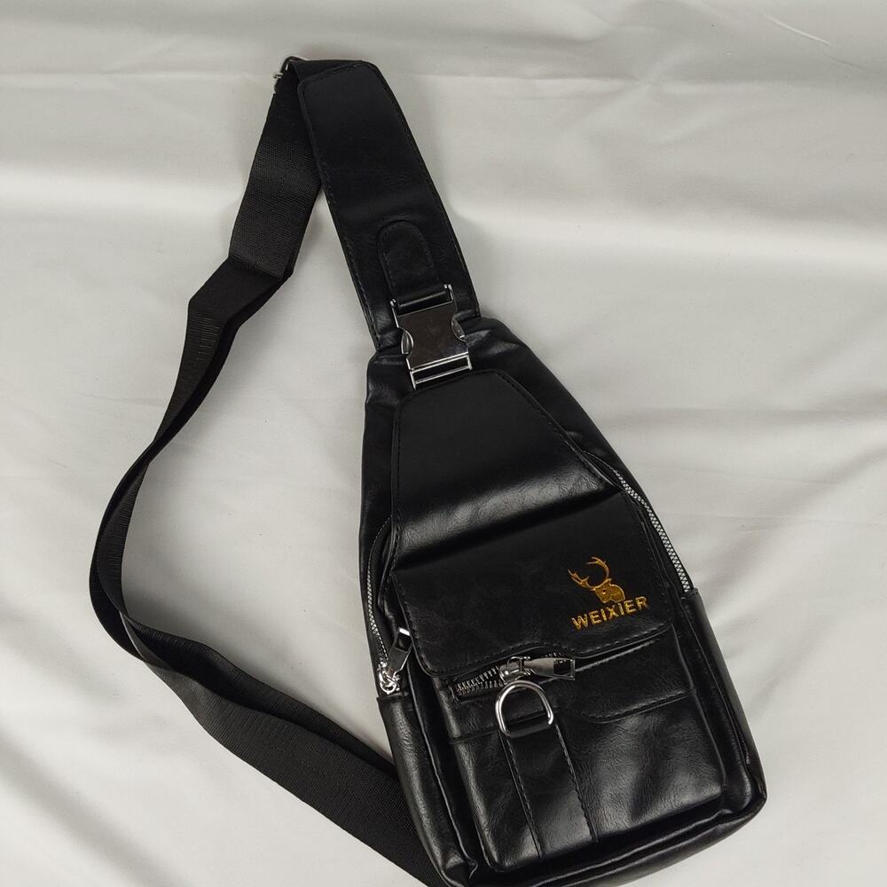 WEIXIER Black Sling Bag Chest Pack Crossbody Faux Leather Travel Daypack